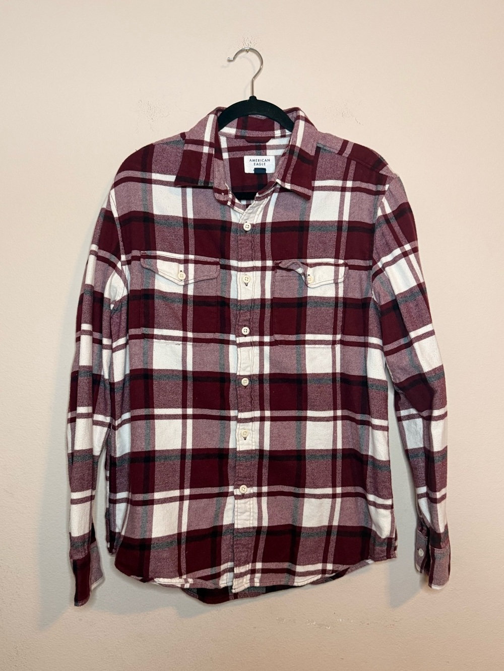 American Eagle Men’s Burgundy Plaid Button-Up Shirt